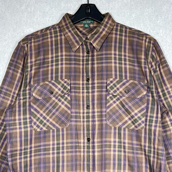 Vintage Lauren Ralph Lauren Plaid Tartan Brown Long Sleeve Shirt Women’s Size XL - Picture 2 of 10
